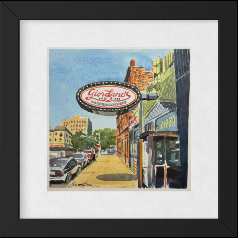Giordano's Pizzeria, framed and mocked up on a wall