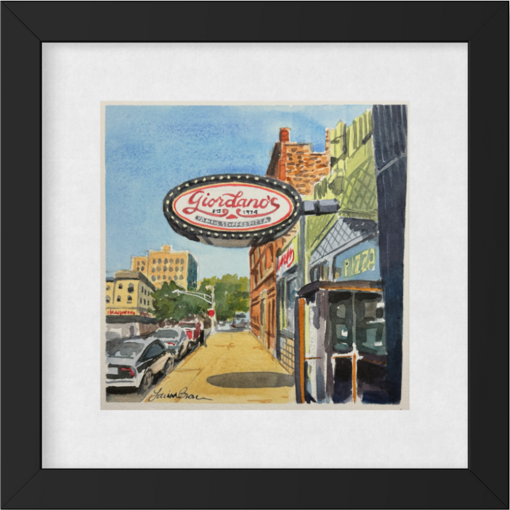 Giordano's Pizzeria, framed and mocked up on a wall