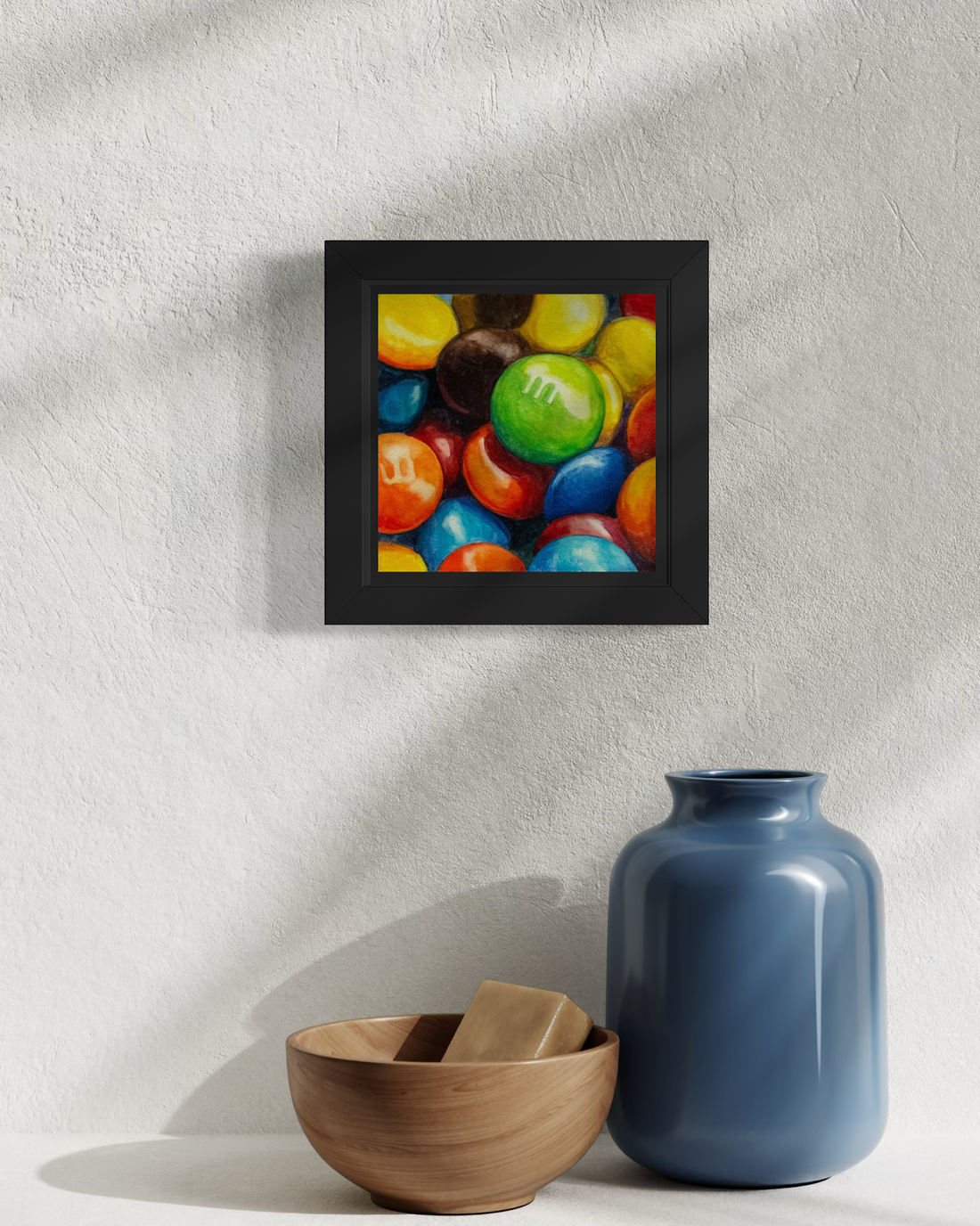 M&amp;M's, original watercolor on Aquaboard by Larissa Brown, presentation mock-up with frame (not included)