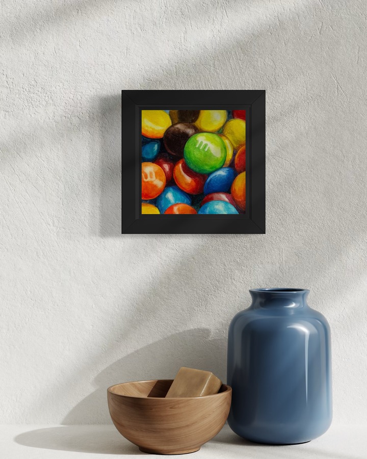 M&amp;M's, original watercolor on Aquaboard by Larissa Brown, presentation mock-up with frame (not included)