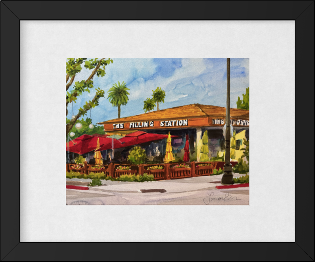 The Filling Station, original watercolor by Larissa Brown