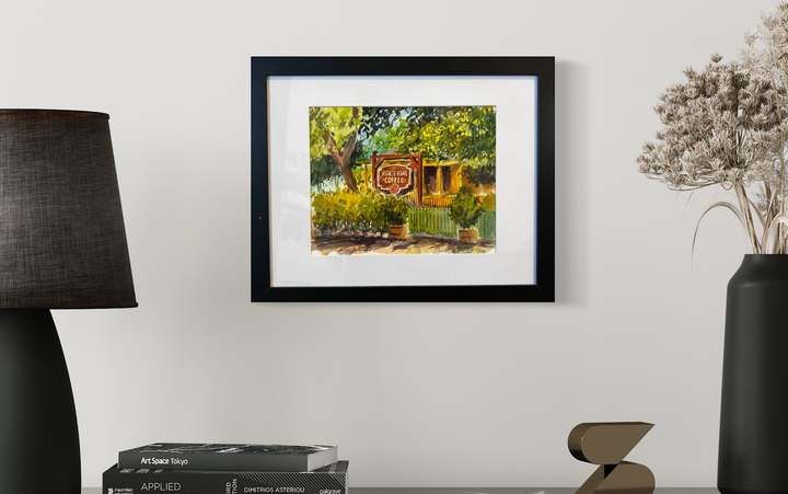 Hidden House Coffee at Los Rios, framed and mocked up on a wall