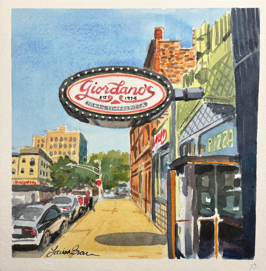 Giordano's Pizzeria, original watercolor by Larissa Brown