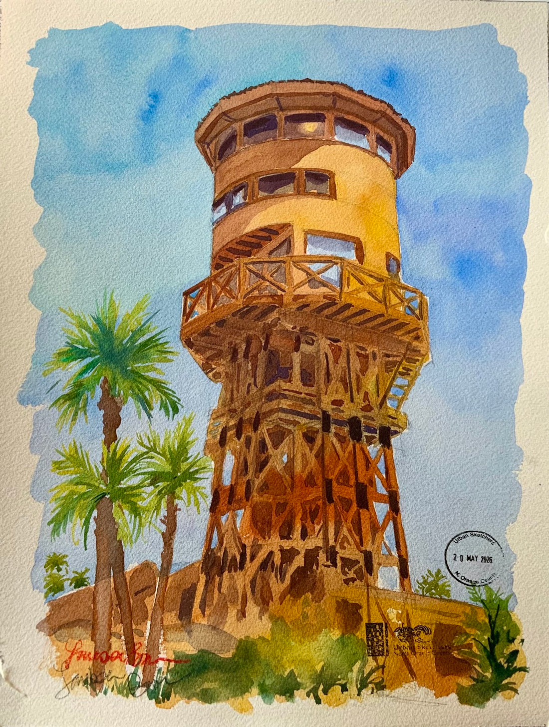 Water Tower, Seal Beach, original watercolor by Larissa Brown