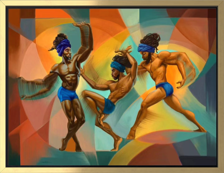 Movement No. 1 - 3 Dancers, shown framed on a wall in a styled room